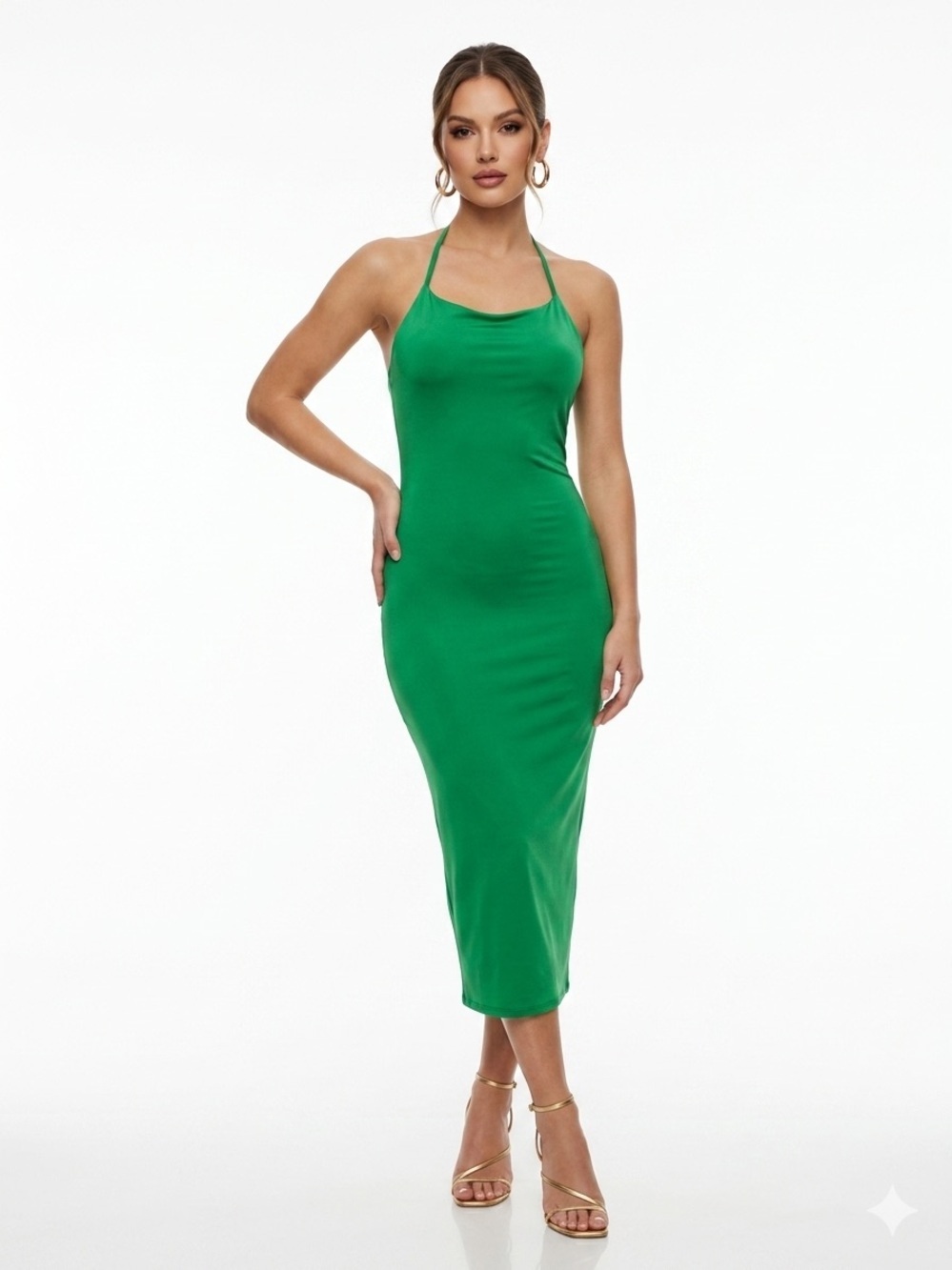 Green Spaghetti Strap Bodycon Midi Dress for Night Out